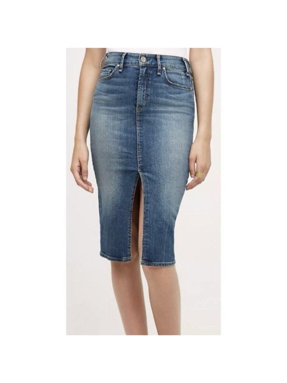 McGuire Denim Marino Pencil Skirt 25 Medium Wash Stretch Front Slit Knee Length